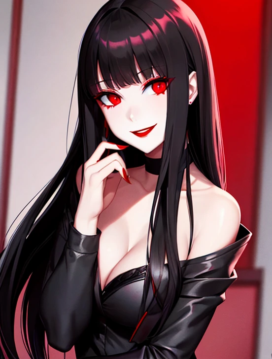 Horror woman, red light eyes, smile, long hair black, dark, she is solo, red lipstick,