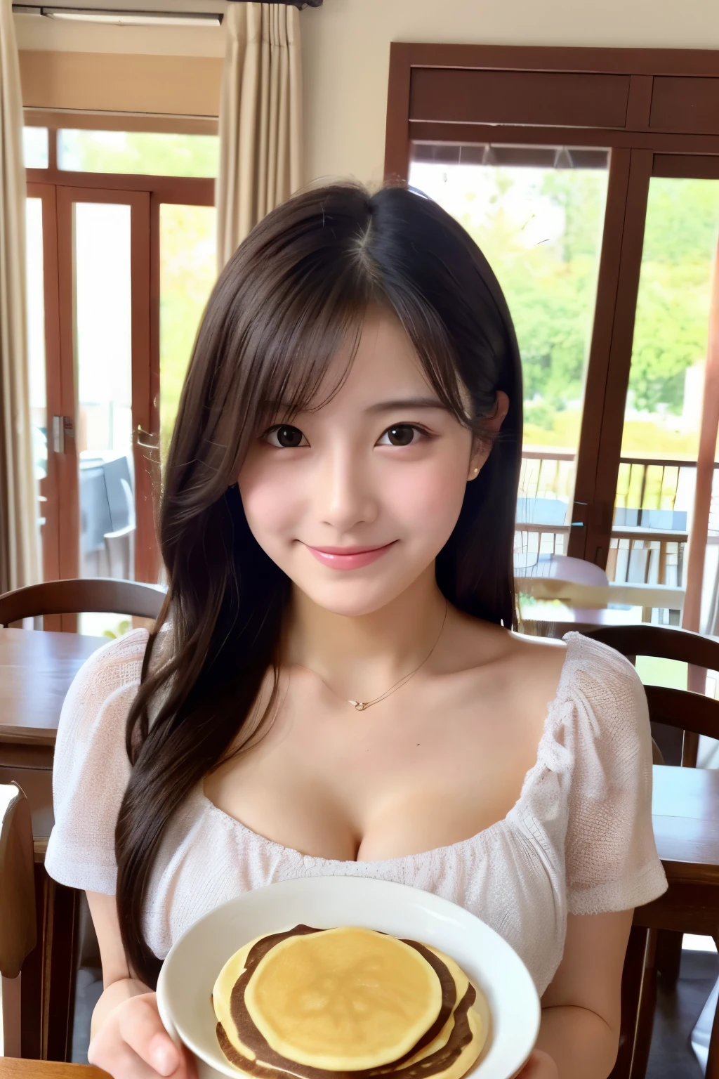 A 20-year-old woman with a cute idol-like face who looks like a -yeld.　Gle and cute　Please smile kindly　Cute clothes worn by girls that show cleavage　Medium size bust　Eating a delicious looking hunger pancake in the dining room　Raw photo　real　genuine　High definition　real life　No copyright notice
