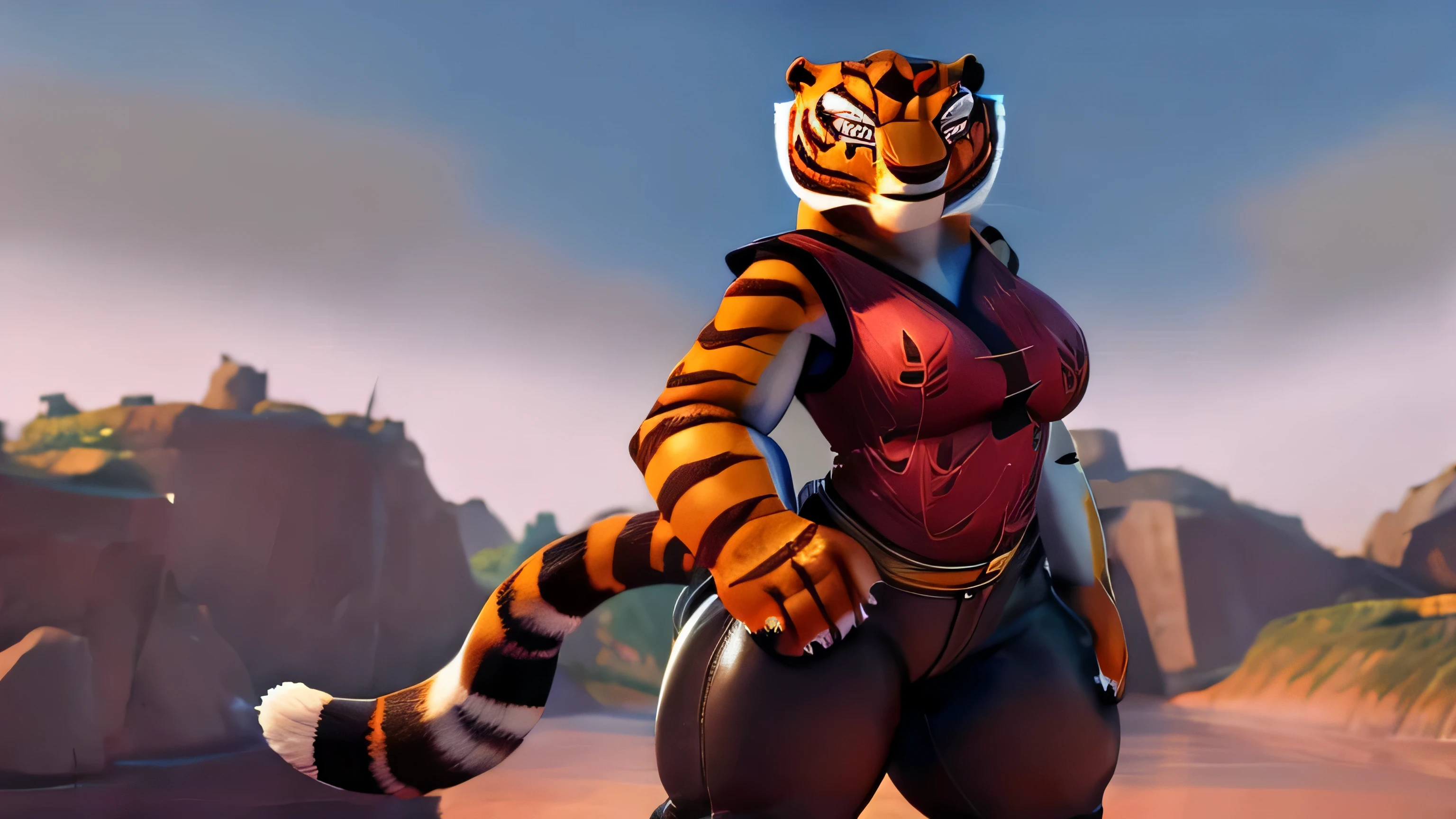 Sozinho, female, , Mestre Tigresa, colete vermelho, black pants, bunda em forma, cauda de tigre, vista traseira, (nervoso), Sorriso, standing, fundo do castelo, corpo todo, alta qualidade, 8k, 3d, estilo dreamworks, bbw, gordinha, pernas grandes, peitos enormes