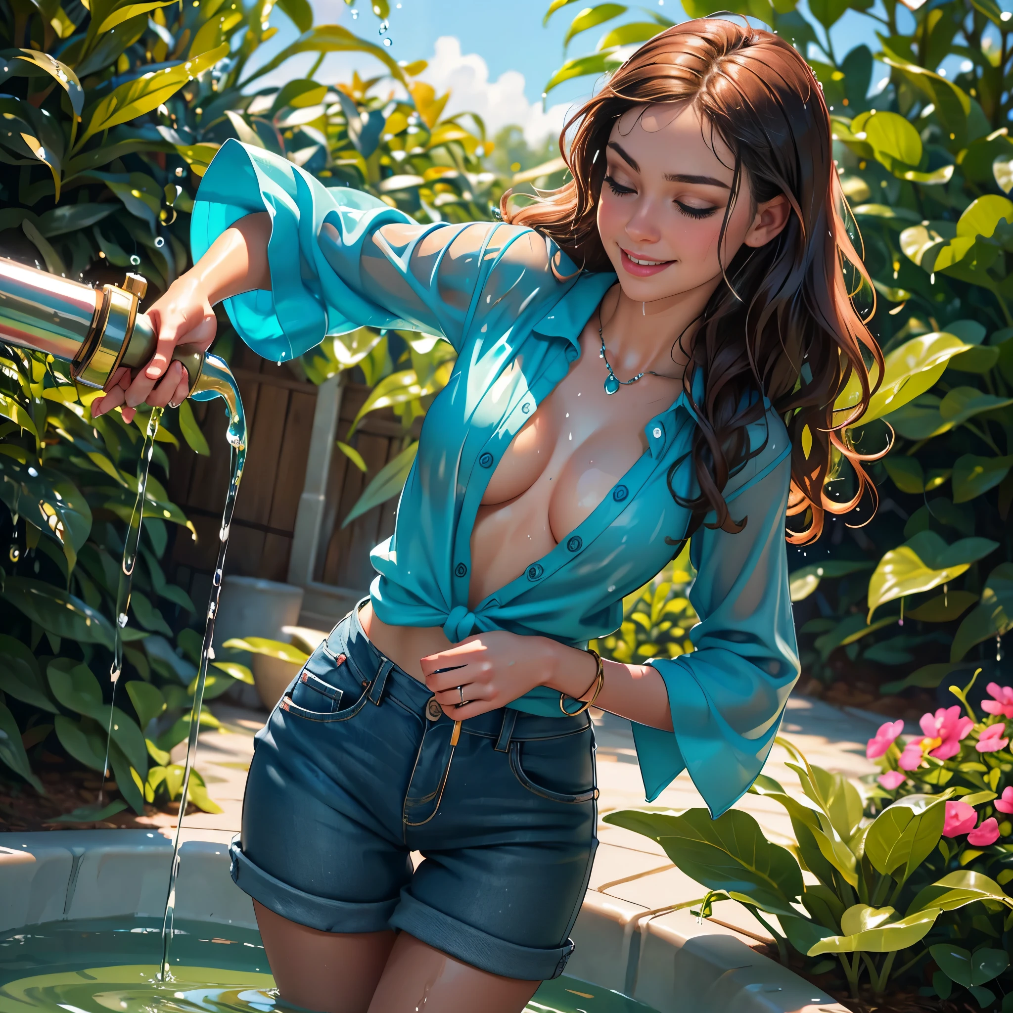 Woman in playing with hose in backyard, ((fully clothed)), ((hippie clothes)), hippie fashion, jewelry, beads, closeup fantasy with water magic, housewife, bright sunshine,  summery palette, playful, gentle smile, clothes made of water, photorealistic, dripping wet, beautiful realistic photo, hyperrealistic fantasy photo,  close up, narrow depth of field, 8k, ((drenched)), ((soaked)), (dripping water), dripping oil, heavy clothes, soaked in oil, medium breasts, lawn, wet all over, wet dripping hair, varied poses