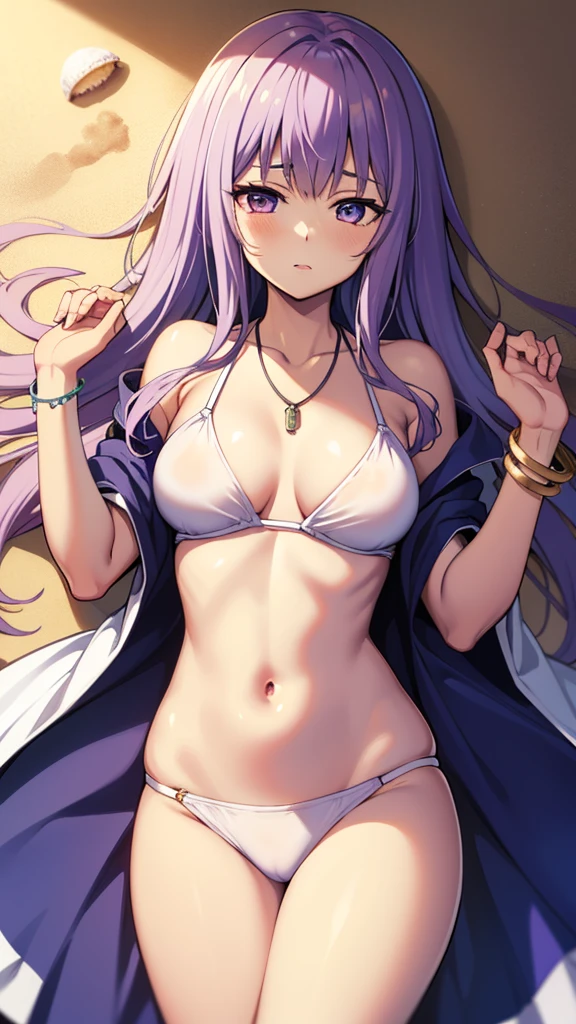 masterpiece, best quality, 1 solo girl, light purple hair, light purple eyes, long hair, medium breasts, sexy body and face, wavy hair, white bikini, jewelry, bracelet, necklace, summer, beach, lying at the sand, sexy pose, cowboy shots, detailed body, face, and eyes, sharp focus, vibrant, creative, dynamic, high definition, high resolution, 8k, (Upscale: R-ESRGAN 4x+ Anime6mage enchance:4x), voluptuous body, cinema lightning, dakimakura style,