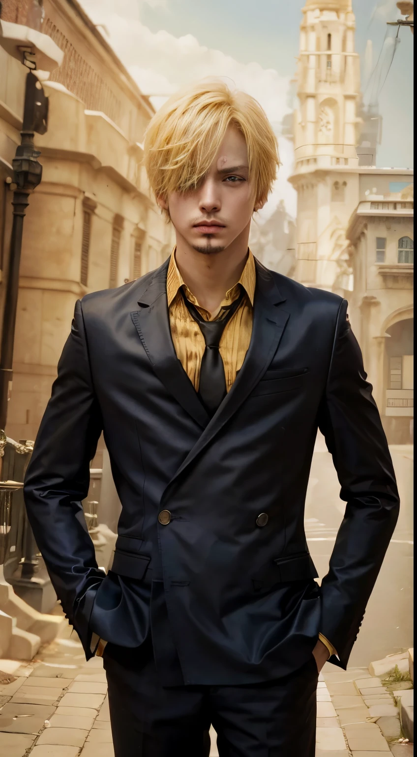 1man, sanji in anime one piece, short hair , yellow hair, black eyes, handsome, black clothes, realistic clothes, detail clothes, city Monumen Nasional, ultra detail, realistic