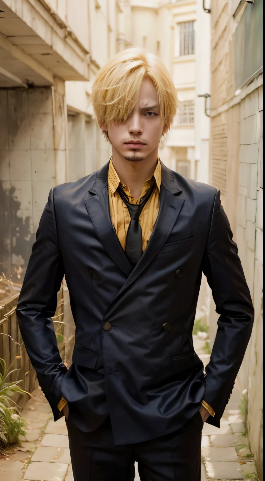 1man, sanji in anime one piece, short hair , yellow hair, black eyes, handsome, black clothes, realistic clothes, detail clothes, city Monumen Nasional, ultra detail, realistic