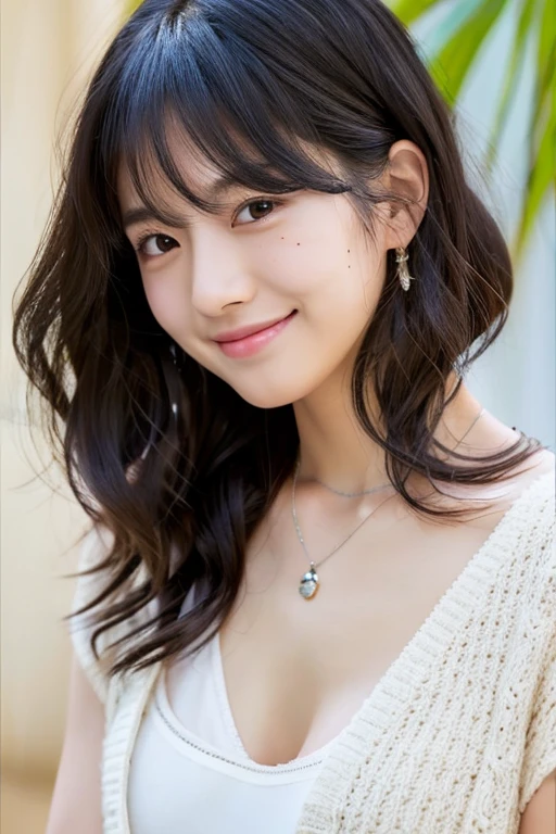 highest quality,8k, detailed facial depiction, Detailed description of the eyes, black hair(wavy shoulder-length hair),Beautiful Japanese Girl, 21 years old, Remove underwear, bare chest, Because I'm slender, medium chest size, sit with legs apart, smile, chic outfit、 necklace, Mole on the mouth,whole body、back view
