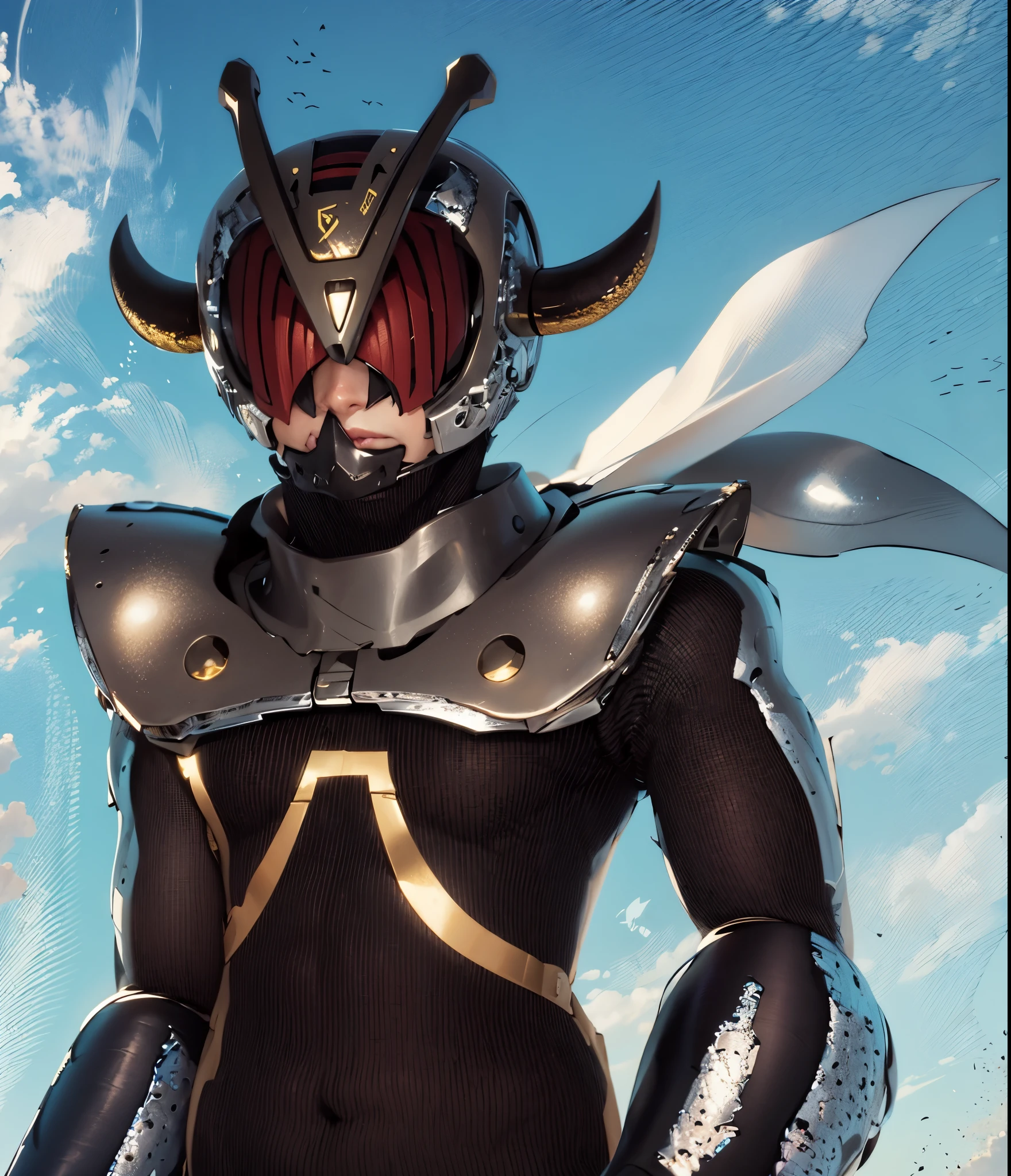 Green helmet, red eyes, golden horns, black full body tights, green gloves, sky background, red scarf,