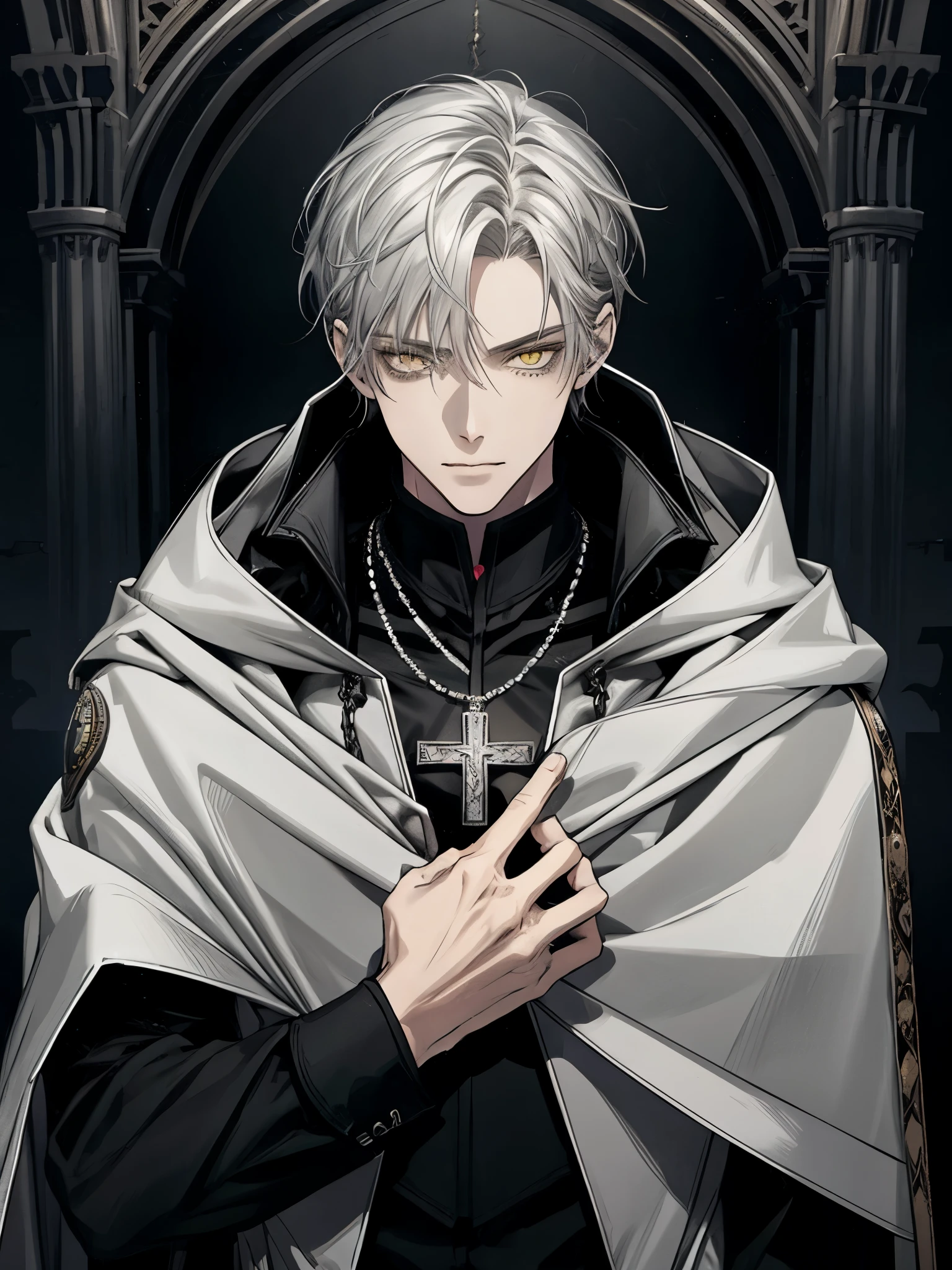 (masterpiece, best quality), alone, 1 male, aldult, Mature, tall muscular man, Dark Theme, Detailed eyes and detailed face, intricate details, fantasy, short hair, silver hair, yellow eyes, Black cape with cape and hood, silver cross necklace, Black shirt, middle Ages, dark background, ruins