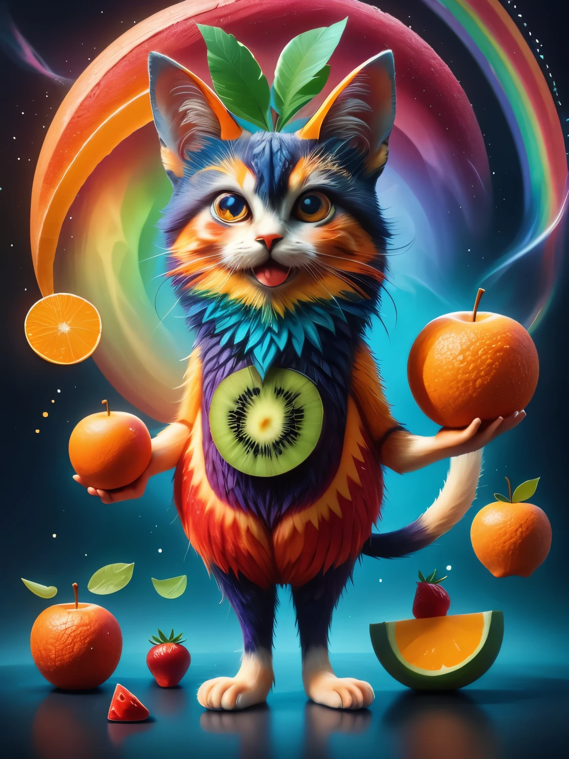 1 cat，personification, alone, Imaginative depiction, Kitten standing upright in a casual pose, Body made of orange, watermelon, kiwi, Strawberries and other brightly colored fruit slices, A rainbow-like mosaic effect, The face is rich in detail，expressive, Elegantly presented orange peel and blueberry eye shape, (master level:1.2), Super details, actual, (photorealism:1.3), First-person perspective, ultra high definition, masterpiece, precise, anatomically correct, Super details, best quality, 8K