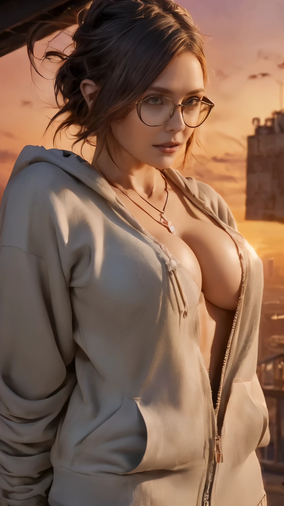 HD symmetrical images, (breast goddess, (((round face, wear glasses))), Elizabeth Olson, Eye size, big breasts, (unzipped hoodie), ((Swelling of the areola and nipple)), ((Close-up breasts)), , (Sunset, big sky, cloud, building), (From the angle below the breast), short hair, thin necklace, 