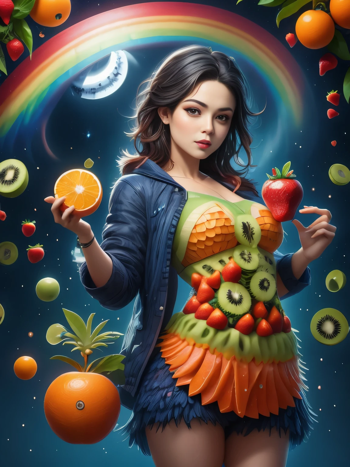 (A convenience store salesperson made of various fruits:1.2)，Standing upright in a casual posture，Body made of orange，watermelon，kiwi，Strawberries and other colorful fruit slices, (Midnight convenience store:1.8)，(Bathed in the grey fog of the quiet night), (master level:1.2), Super details, Realistic, (Photorealism:1.3), first-person view, UHD, masterpiece, ccurate, anatomically correct, super detail, best quality, 8k