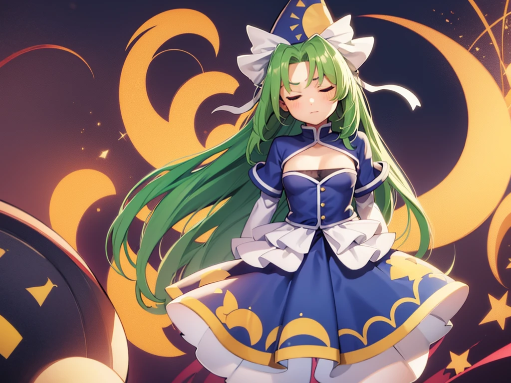 masterpiece, best quality, 1 girl, , , 10 years old, blue hat with a yellow sun pattern, long green hair, blue cape, blue cloak, blue clothes, white long sleeves, yellow ribbon, from behind, to lift up one’s skirt, cowboy shot, from front, standing , raise one leg, crossed arms, arms up behind, arms behind back, hand between legs, put hands hip, one hand on hip, forward hands, arms raised in the air, punch hands, peace_sign, waving, put up index finger, sit, lie down, closed eyes, lie face down, looking back, put one hand chest, leaning forward,cleavage,close up, horizontally outstretched arms, horizontally outstretched legs, front view, front face