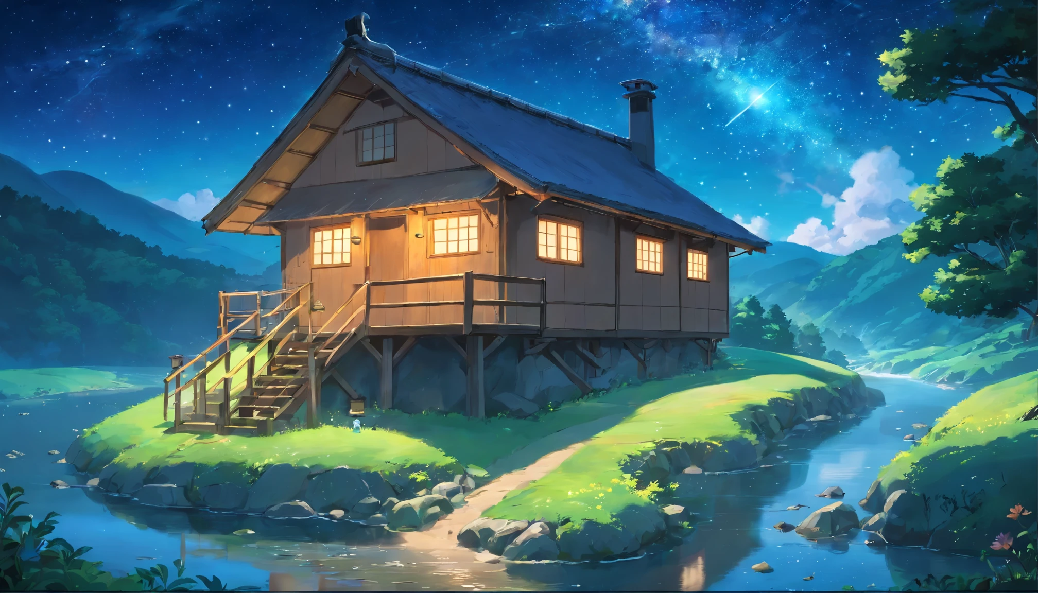 night starry sky, A special story spun by sparkling meteors. There is a mountain hut、There are small river valleys around it.，There is a fawn、Fireflies appear，hyper hd
