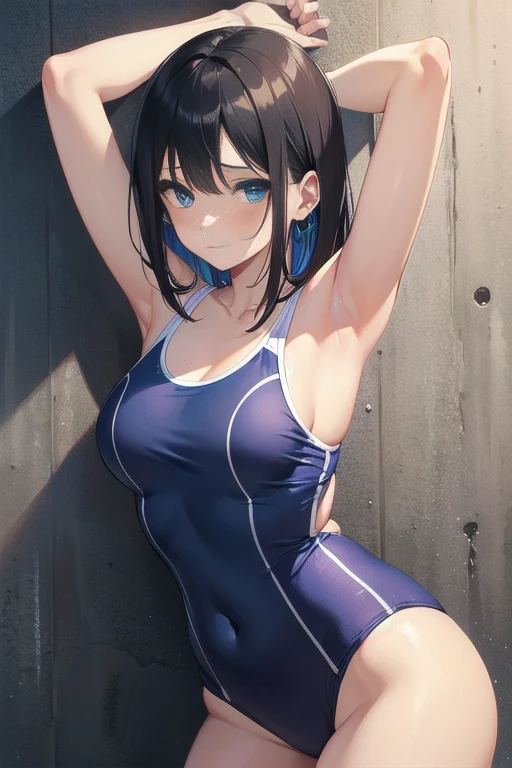 high quality、最high quality、complete limbs、ultra high resolution、Turn your back on me、leaning forward、Stretching your arms out on a concrete wall、While supporting the body、She looks at us over her shoulder with moist eyes., bust 86cm(D cup)、Waist 52cm、A 20-year-old woman with black hair and blue eyes wearing a school swimsuit with 78cm hips