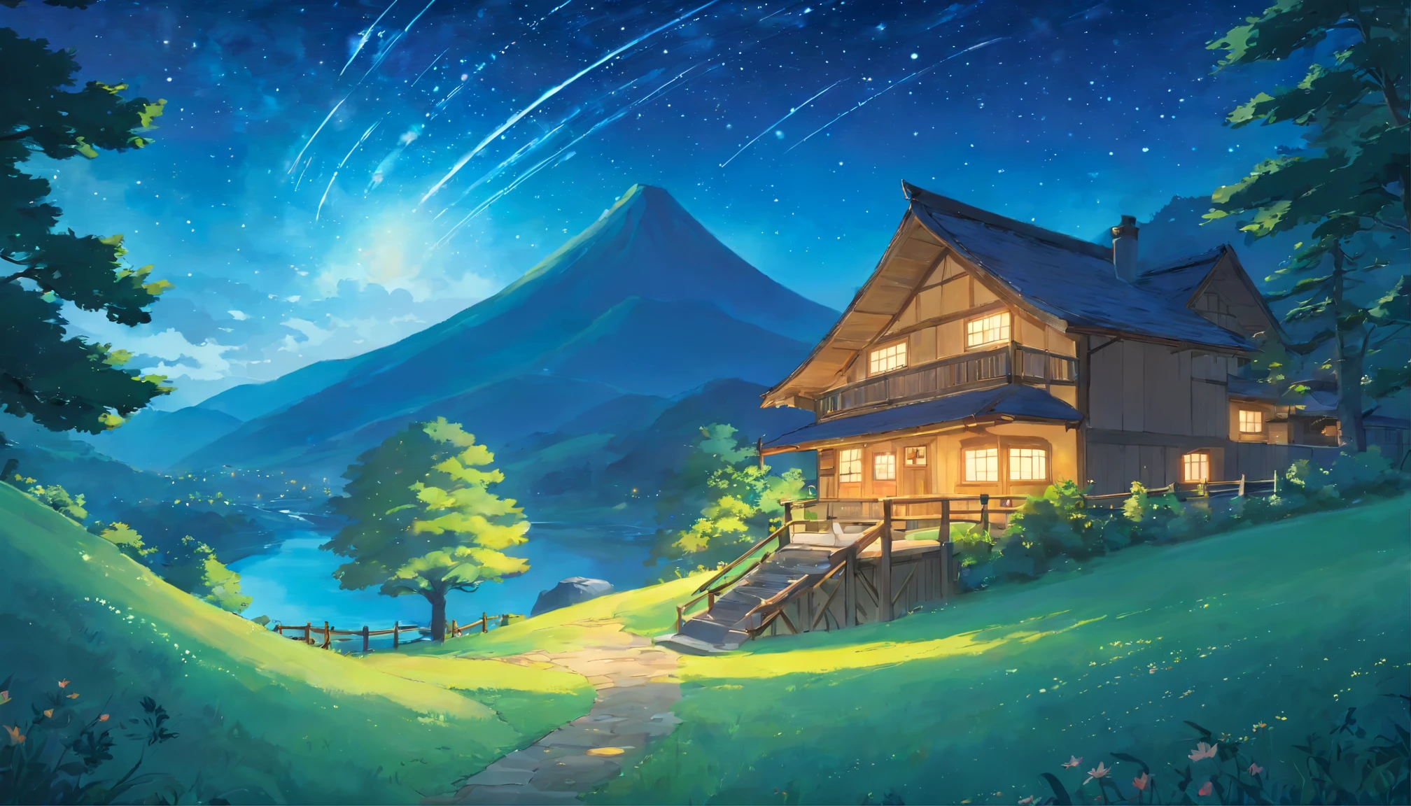 night starry sky, A special story spun by sparkling meteors. There is a mountain hut、There are small river valleys around it.,There is a fawn、Fireflies appear,hyper hd