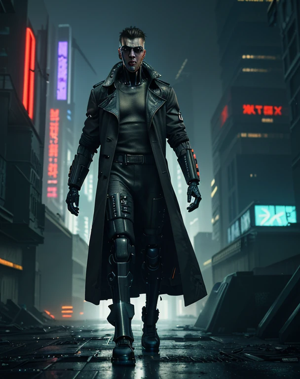realistic depiction of a cyberpunk man walking towards the camera,with a strong and confident stride, wearing a futuristic trench coat,cybernetic enhancements visible on his arms and face,and a cityscape with towering neon-lit buildings in the background, (dystopian:1.2), (gritty and industrial setting), (dynamic lighting), (attention to realistic details)