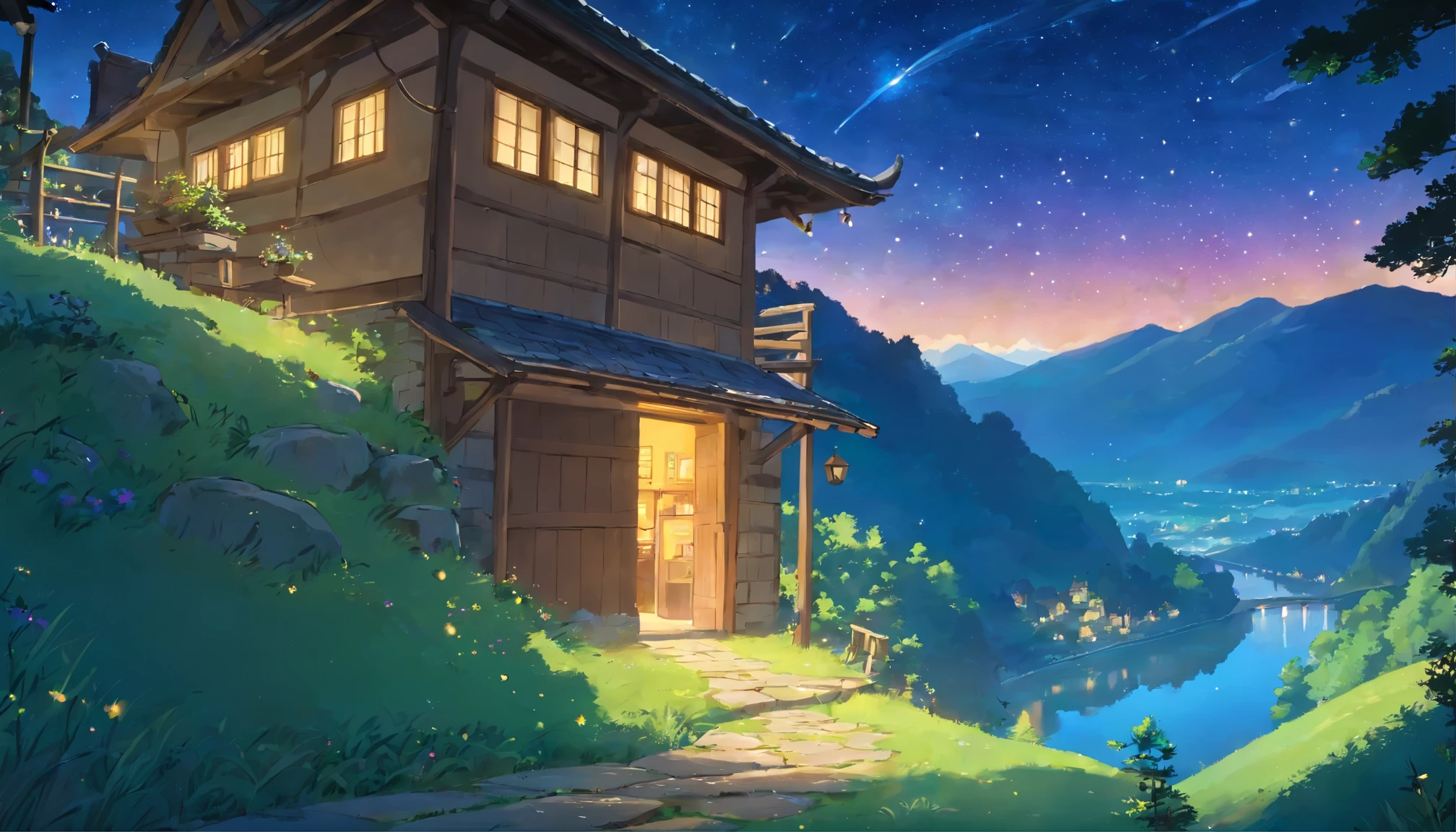 night starry sky, A special story spun by sparkling meteors. There is a mountain hut、There are small river valleys around it.，There is a fawn、Fireflies appear，hyper hd