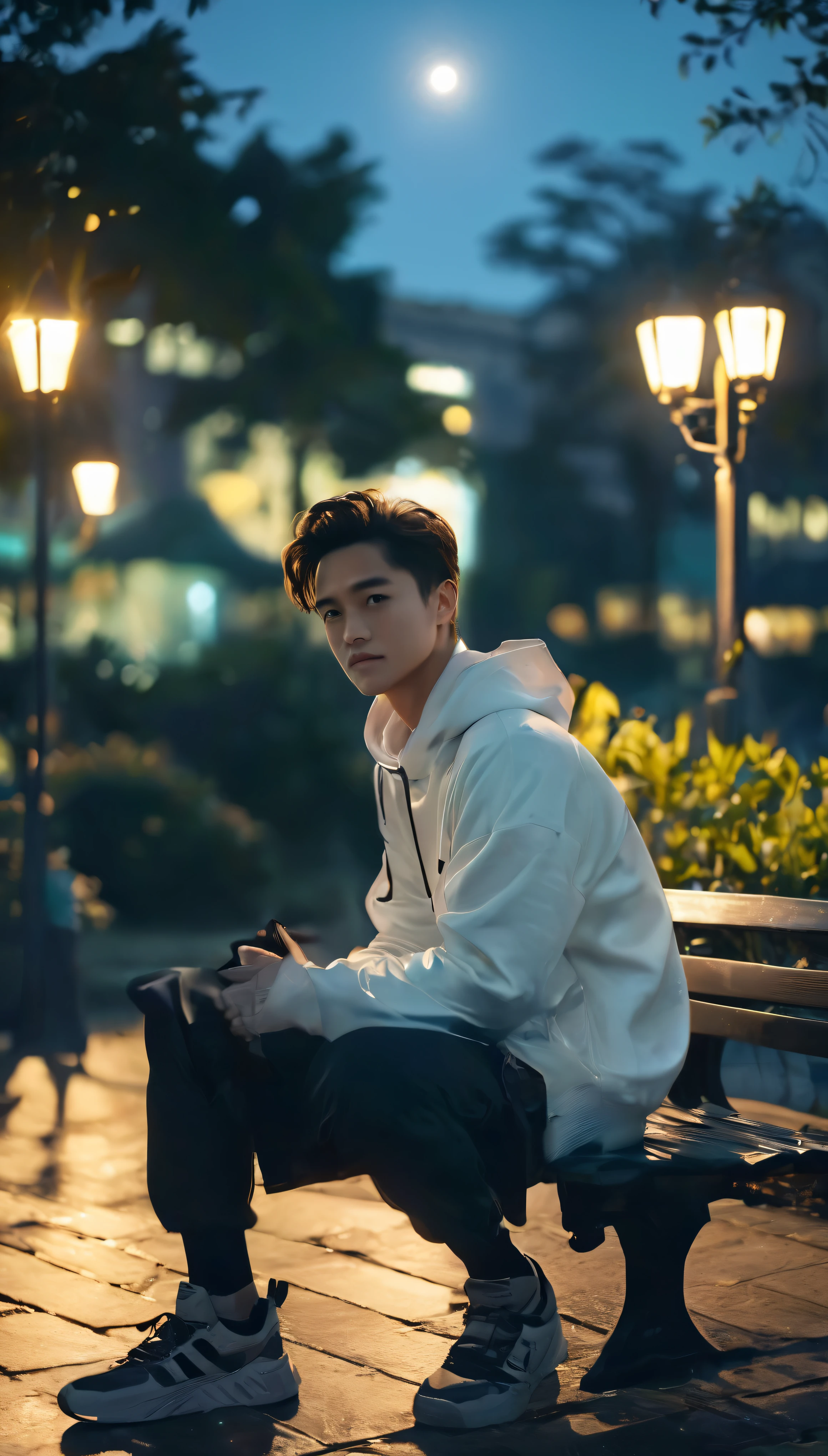 ((Super realistic:1.5)、Highest image quality:1.5、night view:1.2、Handsome man sitting on a park bench:1.1、(City lights and moonlight:1.3)、8K resolution:1.1、Maximum results:1.2、Fujifilm XT3:1.1、Award-winning photo:1.4、(Night4k:1.1)、Shot on Kodak film:1.2、 Masterpiece: 1.4, (photorealistic: 1.4), detailed skin texture: