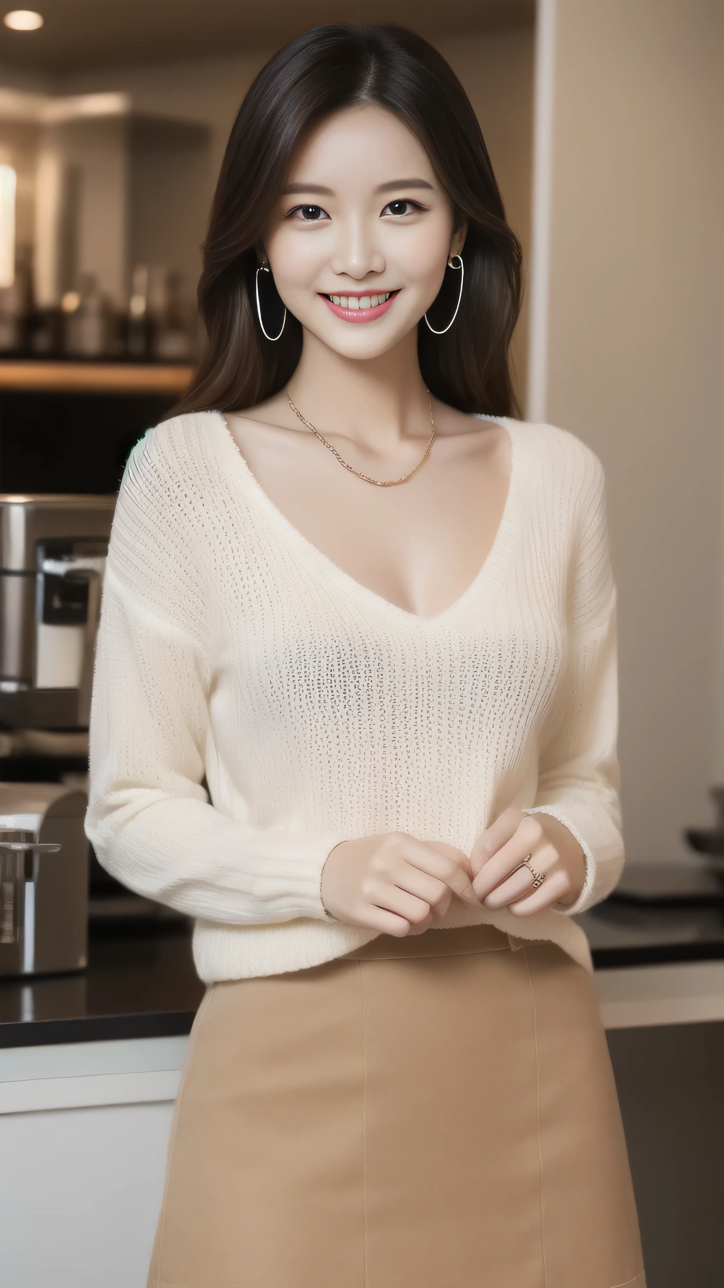 hostess face、married woman、Married woman、Beauty、White knitted shirt、skirt、high quality、Super Ultra Realistic、healthy、smile、perfect body shape、Japanese Beauty、 necklace、earrings、perfect eyes beautiful skin、Upper body、look at the camera、stylish cafe