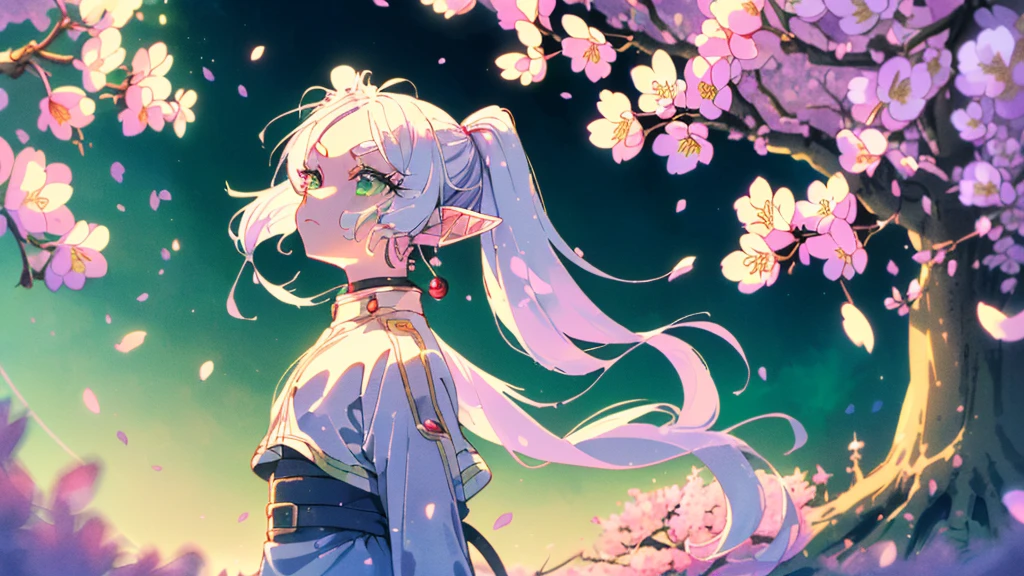 ((highest quality, super detailed woman:1.3)),(White hair,elfs ears,green eyes,shining eyes,small,small Rounded eyebrows ,long twin tail:1.2),(landscape photography:1.2), (highly detailed background:1.2),(ennui, look up, cherry blossoms, cherry blossom,standing, midnight, moon:1.3),(1 girl,Solo:1.3),from side