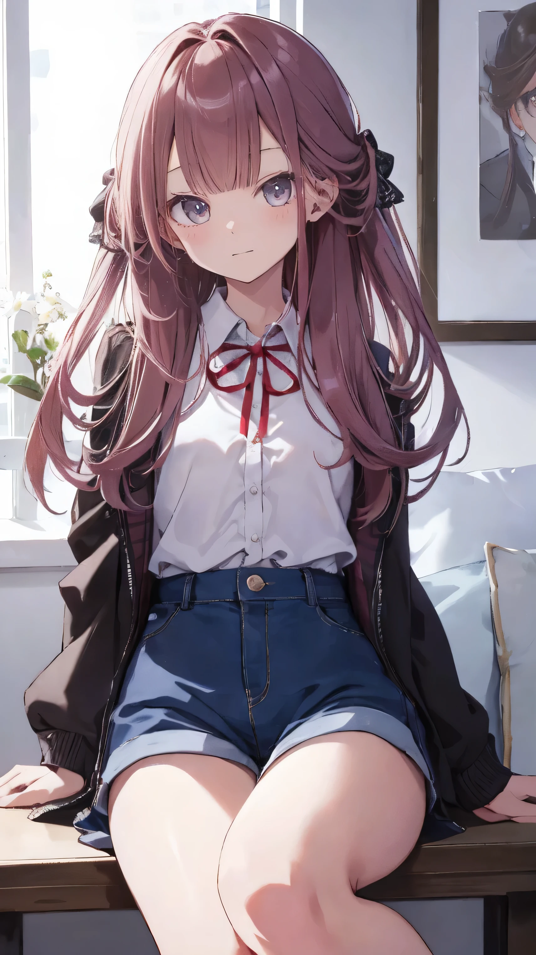 master piece、Highest image quality、highest quality、 ((panic))、glossy hair quality、small face、sitting、Super detailed and beautiful bright eyes、Super detailed clear and beautiful face、(cute illustration:1.2), High-resolution, ultra-detailed, best quality, embarrassed、(Gaps in shorts).(Cute underwear that can be seen at a glance)