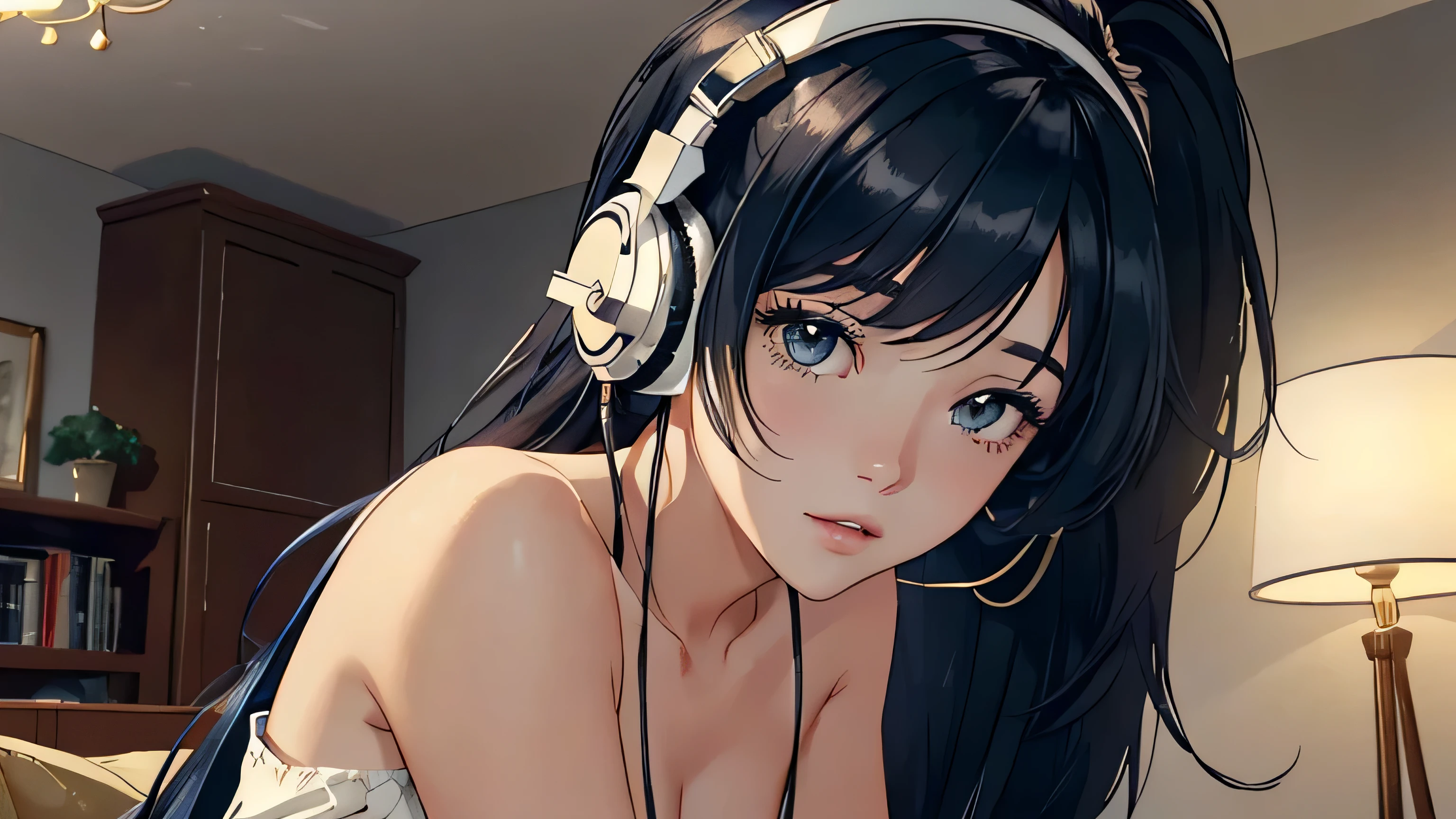 1 female, 20 years old, alone, (with background: living room, gentle light), headphones, ponytail, straight hair, bangs, jersey, thin, big breasts, looking at the viewer, studying while listening to music ((Masterpiece), (Very detailed CG Unity 8k wallpaper), Top quality, Cinematic lighting, Detailed background, (Very elegant and beautiful), (Beautiful and delicate depiction of eyes), Super Detailed, masterpiece)), high resolution, super detailed), (wearing: headphones,)