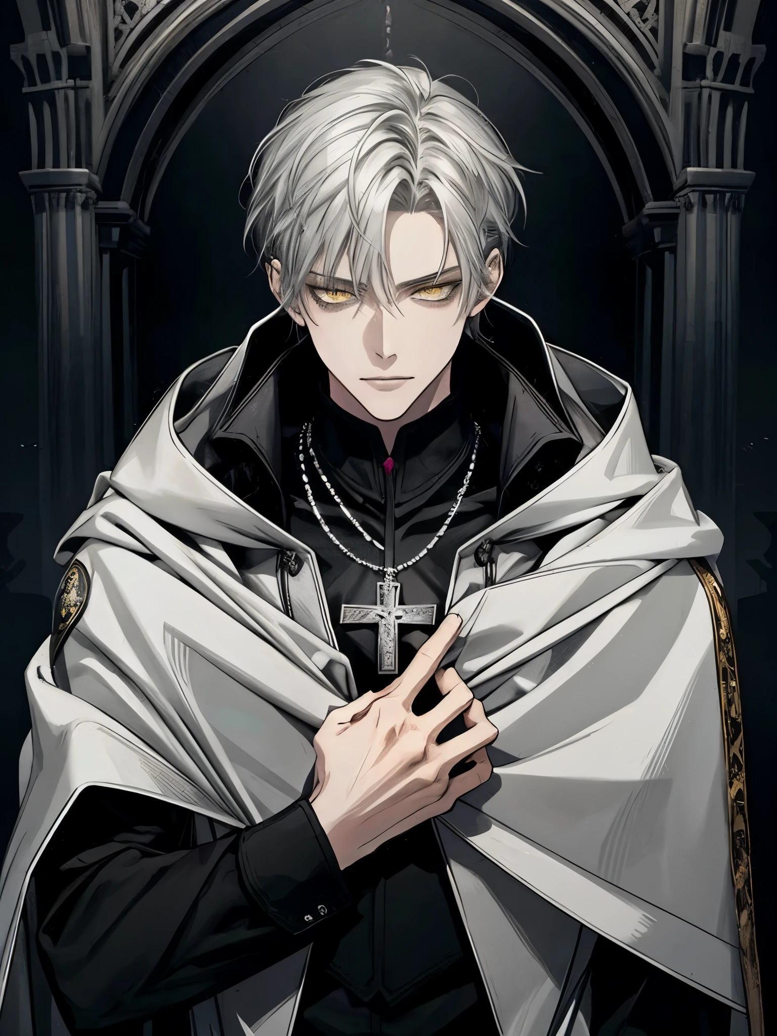 (masterpiece, best quality), alone, 1 male, aldult, Mature, tall muscular man, Dark Theme, Detailed eyes and detailed face, intricate details, fantasy, short hair, silver hair, yellow eyes, Black cape with cape and hood, silver cross necklace, Black shirt, middle Ages, dark background, ruins