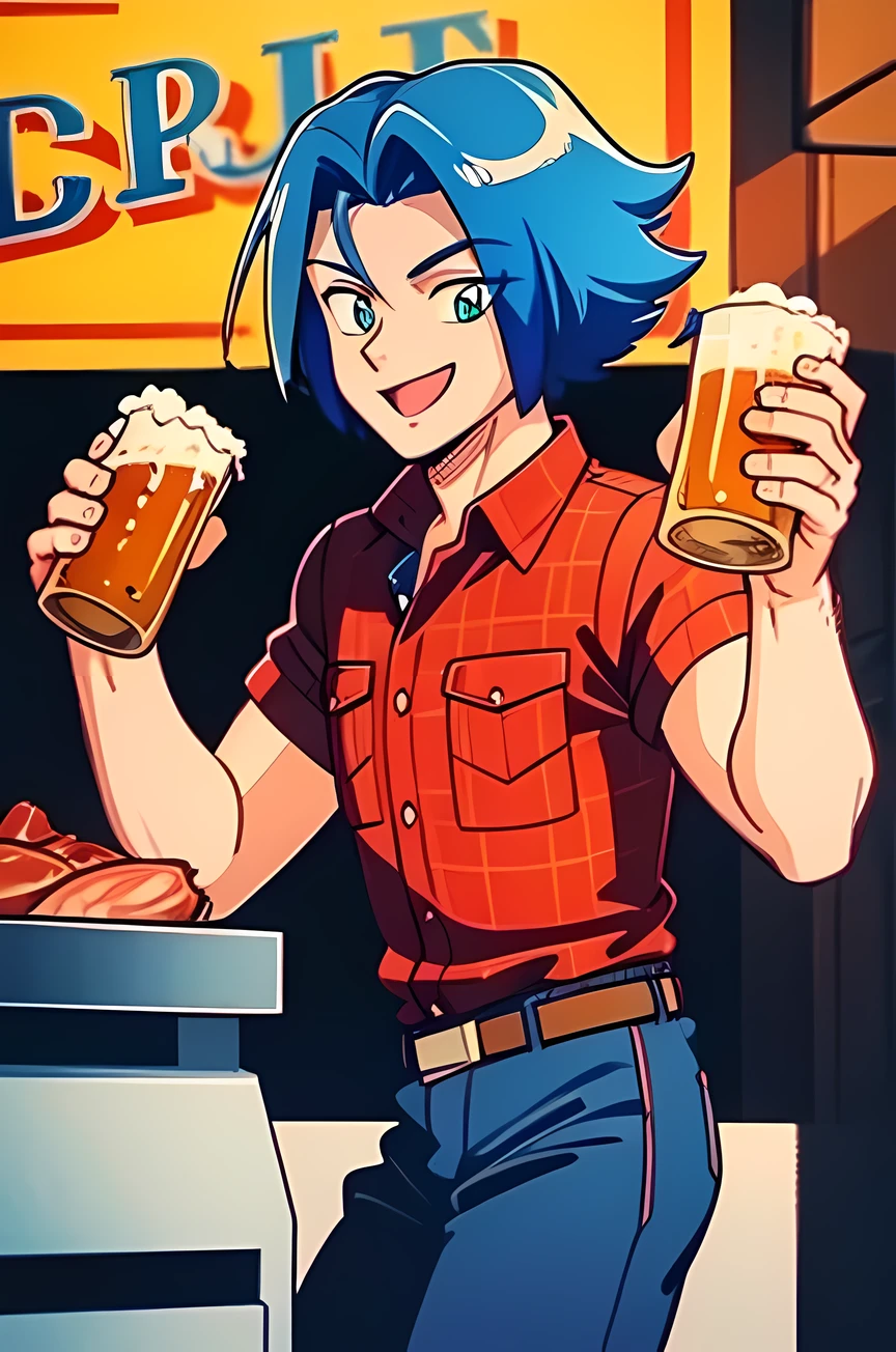 James grilling meat on a spit, holding a beer in one hand, with jeans, red short-sleeved plaid shirt, cowboy hat, open mouth, smile, masterpiece, EPpkJames, short hair, blue hair, green eyes, 1 guy