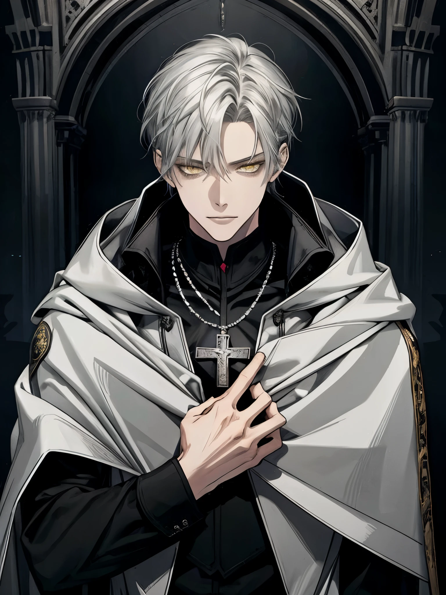 (masterpiece, best quality), alone, 1 male, aldult, Mature, tall muscular man, Dark Theme, Detailed eyes and detailed face, intricate details, fantasy, short hair, silver hair, yellow eyes, Black cape with cape and hood, silver cross necklace, Black shirt, middle Ages, dark background, ruins