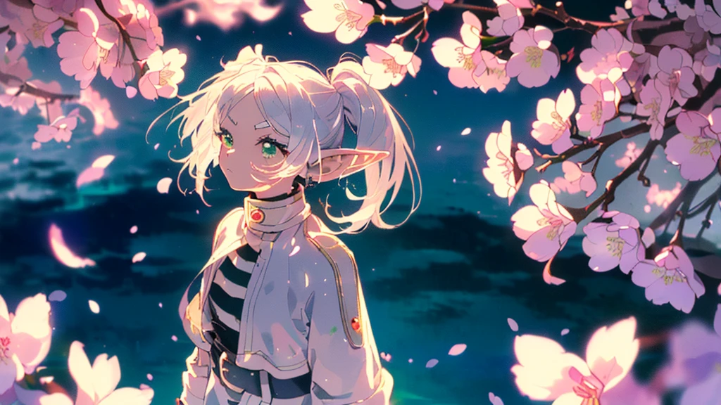 ((highest quality, super detailed woman:1.3)),(White hair,elfs ears,green eyes,shining eyes,small,small Rounded eyebrows ,long twin tail:1.2),(landscape photography:1.2), (highly detailed background:1.2),(look up, cherry blossoms, cherry blossom,standing, midnight, moon:1.3),(1 girl,Solo:1.3),from side
