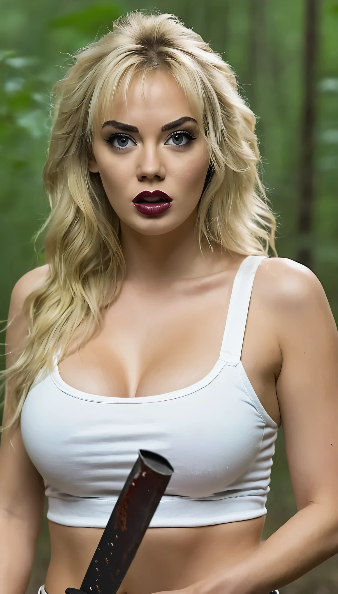 full body of gorgeous buxom blond girl ((grabbed by slasher killer holding a machete against her neck))) ((horror)) (((wearing skimpy clothes)))