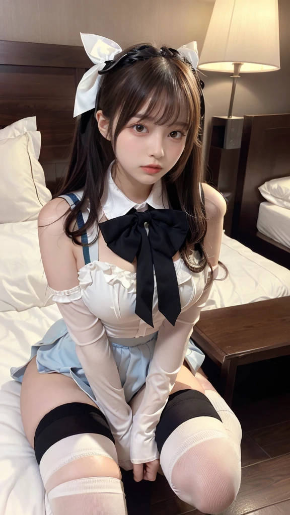 Angle from above、a picture、4K、top-quality、​masterpiece、超A high resolution、(Photorealsitic:1.4)、Raw photo、女の子1人、British Made、Maid headband with frills、poneyTail、Braiding hair、frilled blouse、Ribbon Ties、pinafore、long  skirt、puff sleeves、White panty、White silk ankle socks with frills、glistning skin、I'm taking off my blouse、Open chest、Lying in bed、