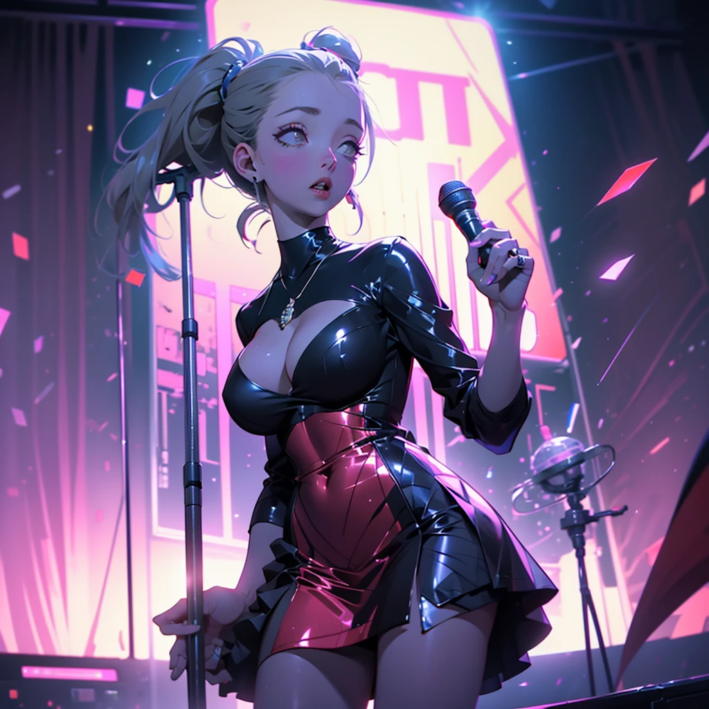 A girl in a sci-fi upscale bar, undercover and singing, catches everyone's attention. She is Faye Valentine, dressed in a risqué, long slinky sequined dress with a wide slit that runs along her legs. Her captivating performance steals the spotlight, drawing the crowd towards her. The bar is illuminated with vibrant neon lights, casting a futuristic glow across the room. Faye's voice, filled with sultry melodies, fills the air as she seductively moves on stage. The atmosphere is infused with a mix of excitement, mystery, and a touch of danger. As she sings, her eyes, captivating and full of depth, gaze into the audience, hypnotizing them with her every note. The stage is adorned with holographic projections, creating immersive visuals that blend with Faye's performance. The scene is painted with vivid colors, amplifying the atmosphere and creating an otherworldly ambiance. The mix of electronic beats and Faye's mesmerizing voice creates an unforgettable experience for everyone present. The bar patrons, lost in the moment, become entranced by her performance, unaware that Faye is also on a mission, singing to her target, gathering vital information.