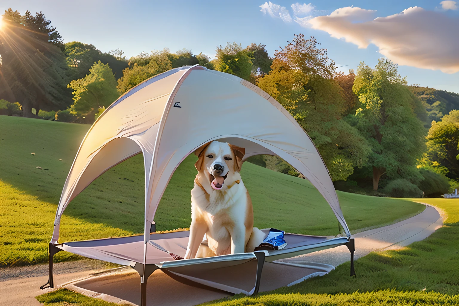 There is a dog sitting on a bed in the grass,canopy,after noon sunshine,portrait shot,noon,weather clear,super detailed,super detailed,having fun in the sun,tiffany,sunny time,lively,after noon sun,landscape full shot,sunny day,beautiful sunny day,bright mood,canopy,vivid details,