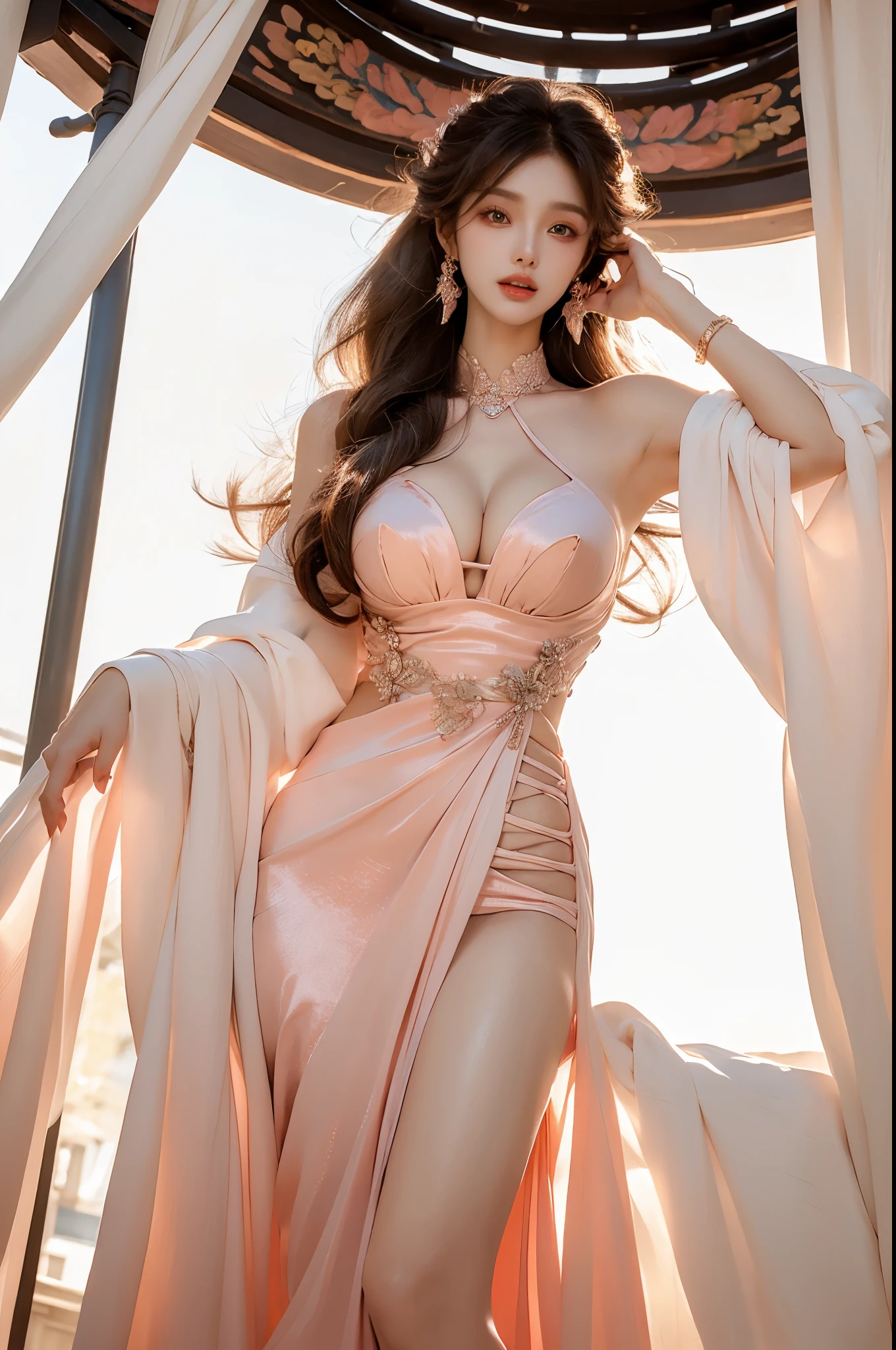 Beautiful woman with perfect body：1.4，layered hairstyle，Prominent cleavage：1.5，pink clothes，Highly detailed facial and skin textures，double eyelids，whiten skin，long hair，Whitened long legs