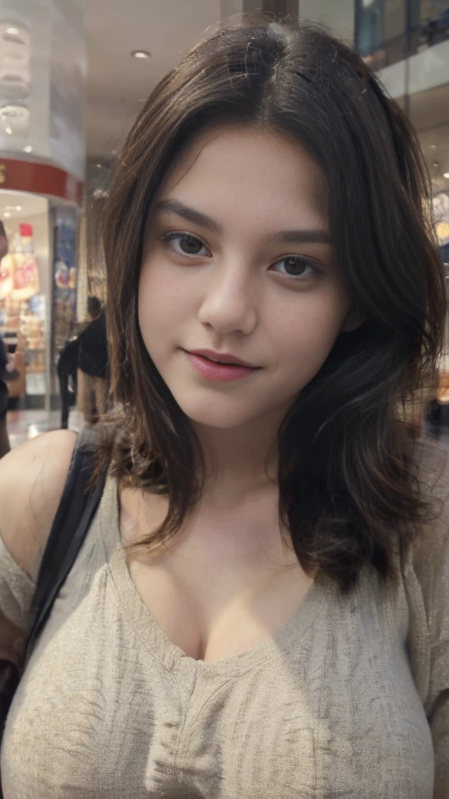 ((best quality)), ((masterpiece)), (detailed), perfect face, beautiful girl, taken selfie, selfie photo display, 1 girl, beautiful, big breasts, casual sirt, eyes closed and biting lower lip, in the mall, smailing, on look camera,