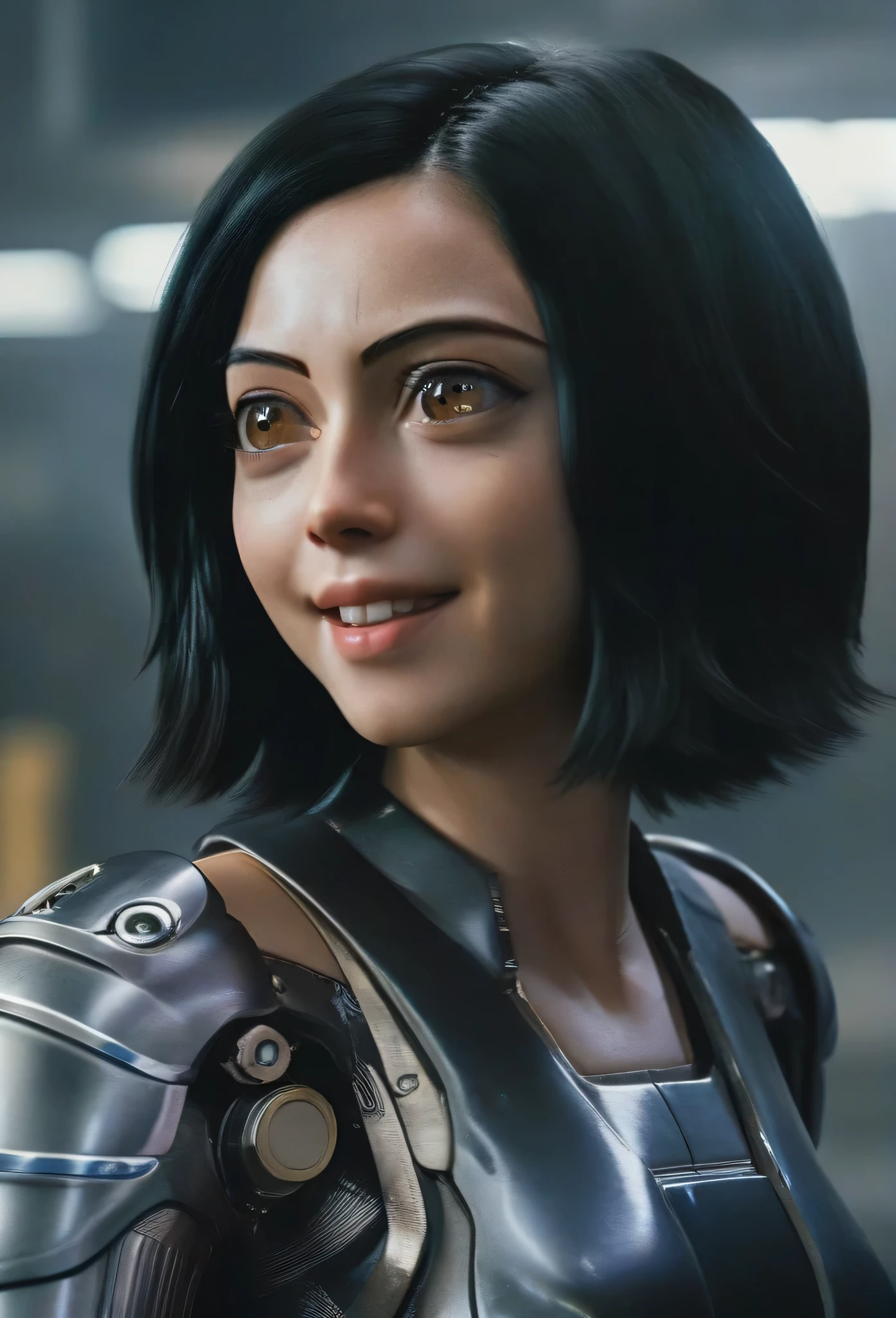 Alita1024, a woman, brunette, close up face portrait, big smile, android suit, cyberpunk background, detailed eyes, photography, highly detailed, sharp focus, trending on artstation, studio photo, intricate details, highly detailed, by greg rutkowski, big smile, big smile, big smile, big smile