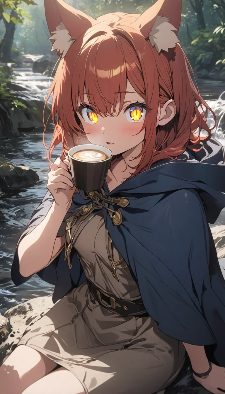 8K, (highest quality、masterpiece、High resolution、detailed), (anime:1.4), (Shining eyes、detailed美しい顔), BREAK, 1 girl, redhead, animal ears, blue hooded cape, ears are sticking out, Pause: sitting on a rock in the forest river, yellow eyes, Drinking espresso、