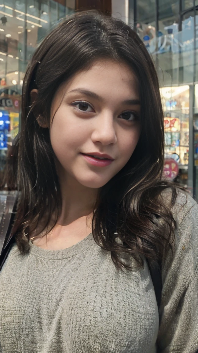((best quality)), ((masterpiece)), (detailed), perfect face, beautiful girl, taken selfie, selfie photo display, 1 girl, beautiful, big breasts, casual sirt, eyes closed and biting lower lip, in the mall, smailing, on looking to camera,