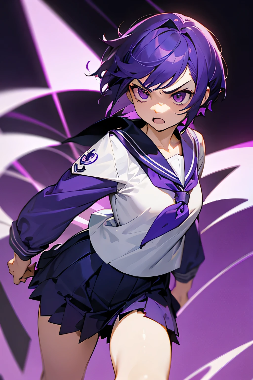 Please play the role of a girl with short purple hair, purple eyes, wearing a sailor suit and being angry.