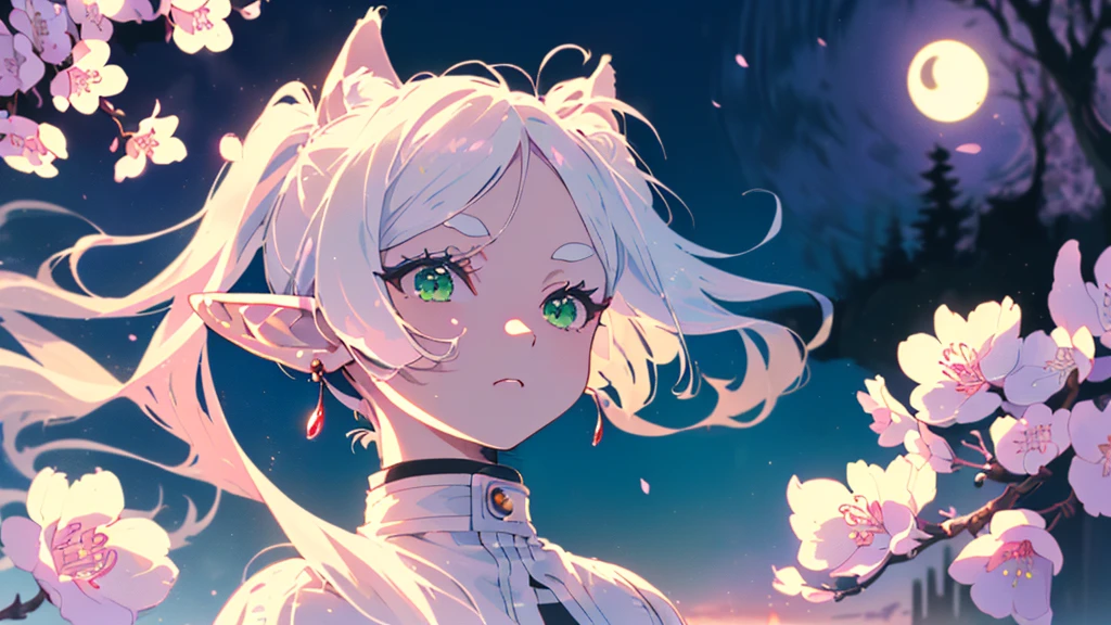 ((highest quality, super detailed woman:1.3)),(White hair,elfs ears,green eyes,shining eyes,small,small Rounded eyebrows ,long twin tail:1.2),(landscape photography:1.2), (highly detailed background:1.2),(look up, cherry blossoms, cherry blossom,standing, midnight, moon:1.3),(1 girl,Solo:1.3),from side, expressionless