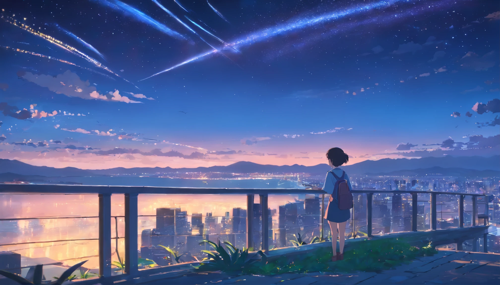 1. Outdoor Girls, slow, starry sky, with panoramic view, 野生のWind景Wind景, horizon, roof, sitting on the roof, Wind,(Wide angle,Ultra HD detail masterpiece, hyper hd, Super detailed, advanced details, highest quality, High resolution, Award-winning, 8K),(movie lighting)