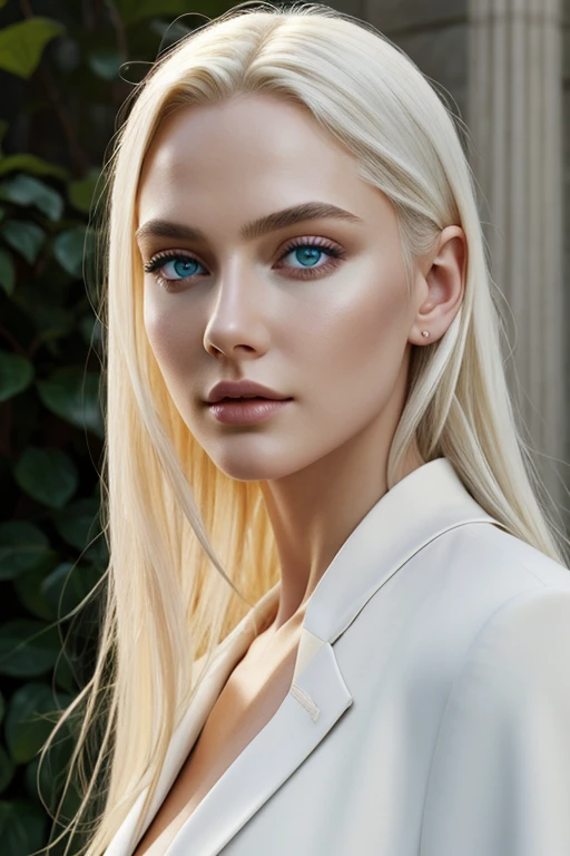 nudity,piece of art, top quality, (One focus), (perfect face:1.1), (High detail:1.1), (hyper detailed eyes), dramatic, Blonde hair, Blue eyes, pale skin and long voluminous white hair., white eyes, One, long hair, Sephiroth, two, night, white luxury suit, covered navel, plump lips, coat, arrogant expression, Jardim de Rose, detailed background, Artgerm's art, cinematic lighting, Rose, fashion, Balenciaga Style