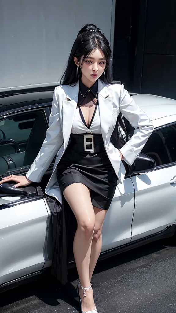 woman, (สาวสวยTwo meter long hair, very long hair, Extra long hair, long black hair), ชุดสูทwomanwhiteรัดรูป, (ใส่สูทwoman, Business woman&#39;s suit, white), (ชุดสูทwomanwhite), (เสื้อเชิ้ตwhite), (เนคไทยwomanสั้นสีดำ), (Military rank insignia), (short pencil skirtwhite), (dynamic post), full body, A gigantic rift, (Huge breasts, thin body, small waist, hips raised, small thighs, Long legs), รองเท้าBlack high heels, (short pencil skirt, white), Wearing a suit for a business woman, (Wearing a white business suit, สูทนักธุรกิจหญิงwhite), tight, military regalia, เสื้อwhite, กระโปรงwhite, black shoes, Two-button suit jacket, Two meter long hair, Form-fitting suit, เสื้อสูทwhiteทรงธรรมดารัดรูป, black shoes, high-heels, Black high heels, (stand, dynamic post), short suit, earring,