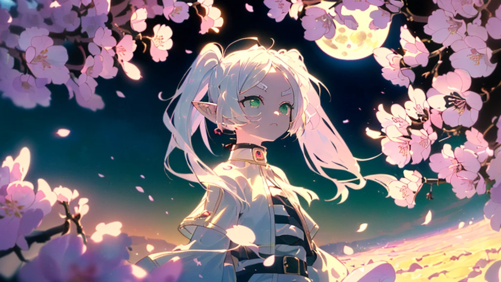 ((highest quality, super detailed woman:1.3)),(White hair,elfs ears,green eyes,shining eyes,small,small Rounded eyebrows ,long twin tail:1.3),(landscape photography:1.2), (highly detailed background:1.2),(look up, cherry blossoms, cherry blossom,standing, midnight, moon:1.3),(1 girl,Solo:1.3),from side, expressionless
