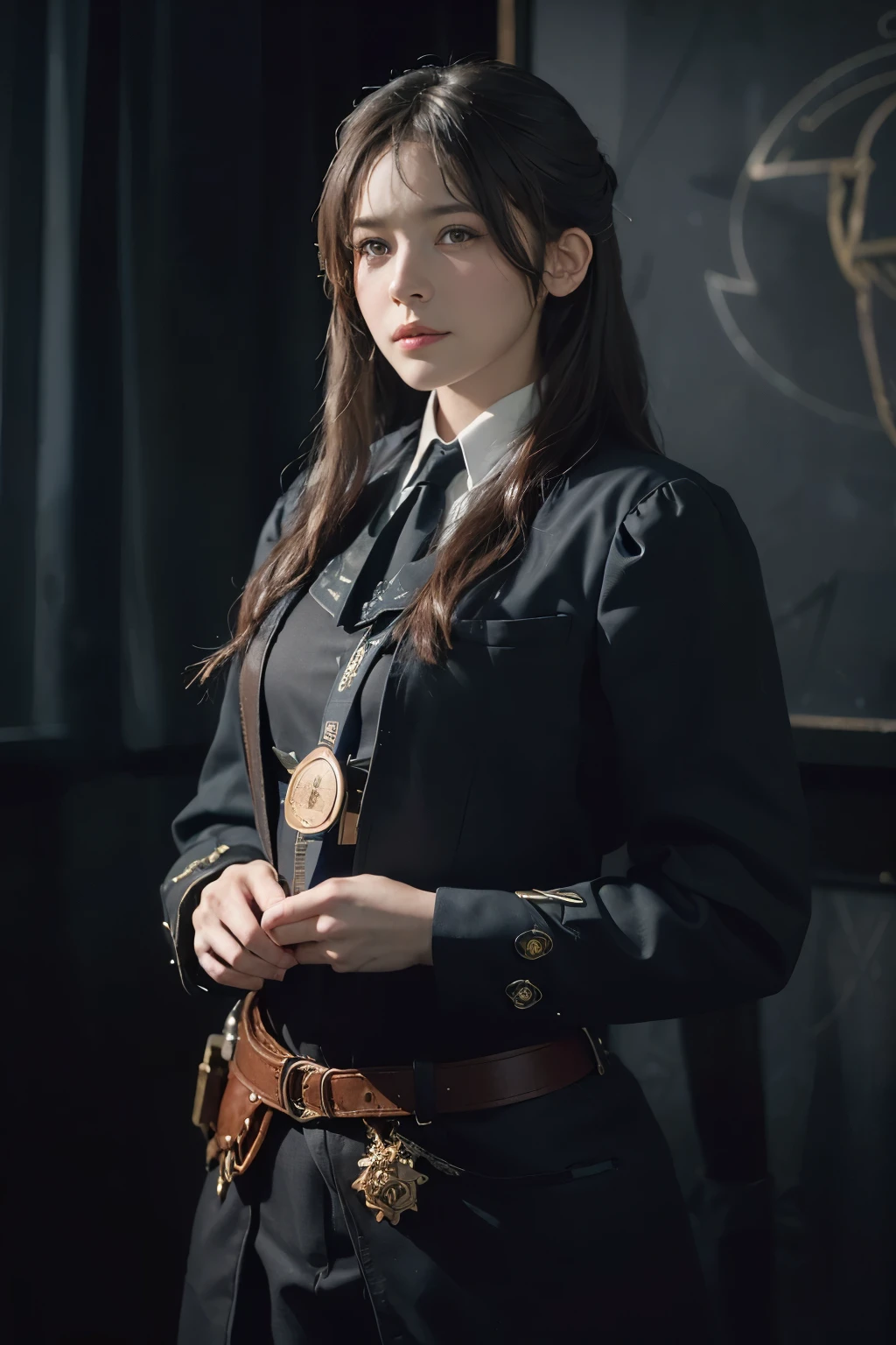 (front pin), (in the dark:1.6), Surrealist portraits of women by David Hockney and Alphonse Mucha, fantasy art, photo-realistic, dynamic lighting, art station, poster, volume lighting, highly detailed face, 4k, Award history, 1 girl, in the dark, deep shadow, discreet key, cowboy shot, (official attire:1.4), long hair, gray hair