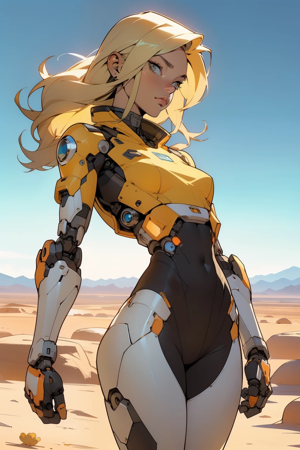 high quality, 4k, masterpiece, beautiful, cyborg girl, cowboy shot, dull eyes, front, looking at viewer, long blonde hair, girl, small breasts, fit thighs, robotic arms, robotic body, cyborg body, white & yellow uniform, orange accent, intricate detail, joint, detailed lines, robotic detail, holding fist up, holding hand up as fist, color robotic parts, robotic parts with color, perfect fingers, on a desert planet, sunny background, colorful desert, a river or a lake in the background, slender thighs, skinny thighs,