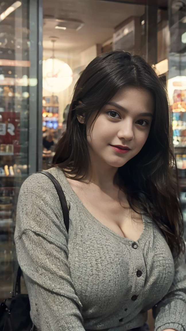 ((best quality)), ((masterpiece)), (detailed), perfect face, beautiful girl, taken selfie, selfie photo display, 1 girl, beautiful, big breasts, luxury casual sirt, eyes closed and biting lower lip, in the mall, smailing, on looking to camera,