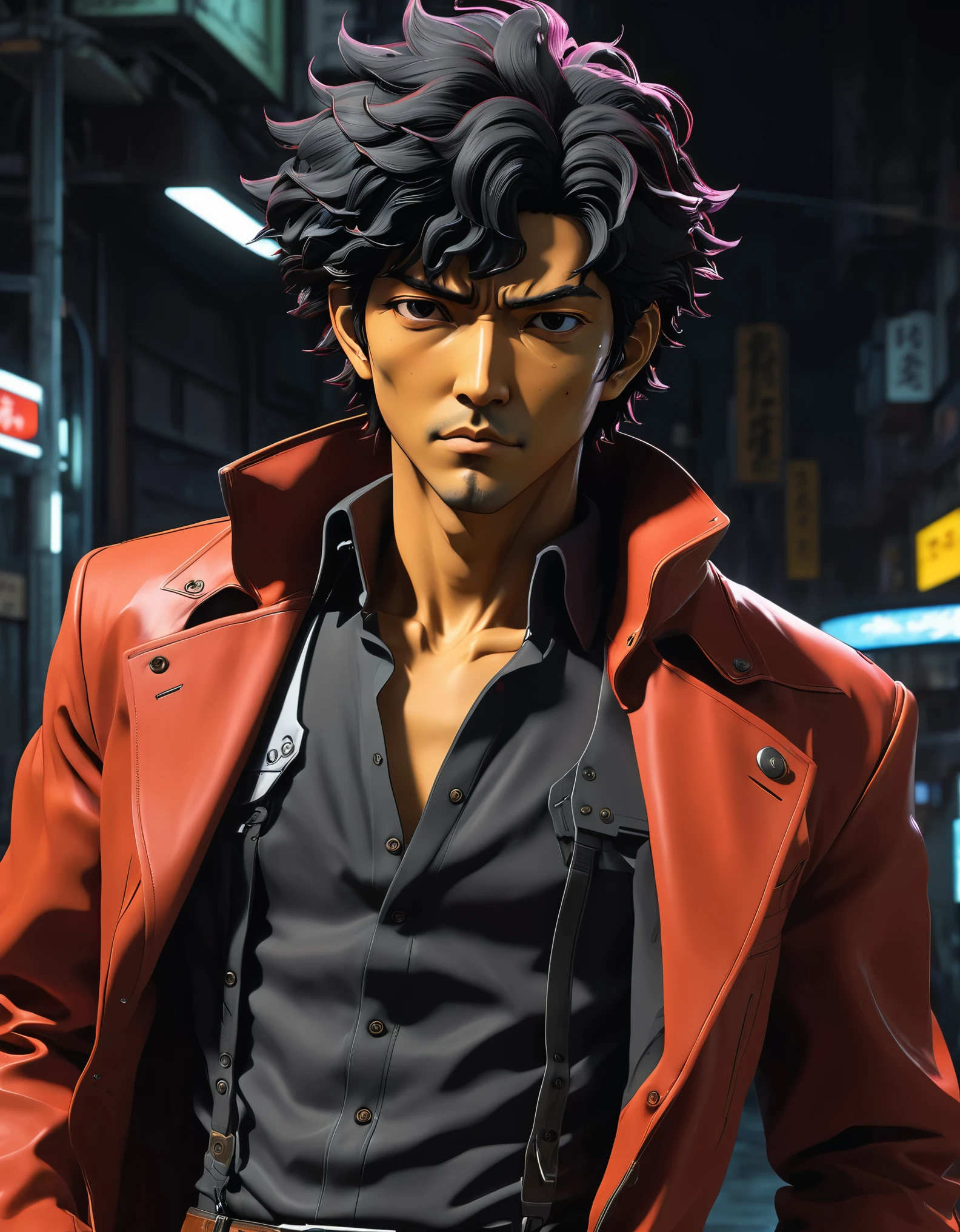 (best quality,4k,8k,highres,masterpiece:1.2), cowboy bebop character, perfect illustration, semi-realism, dynamic pose, ample headroom, inspired style by shinichiro watanabe, japanese neo-noir, space western anime
