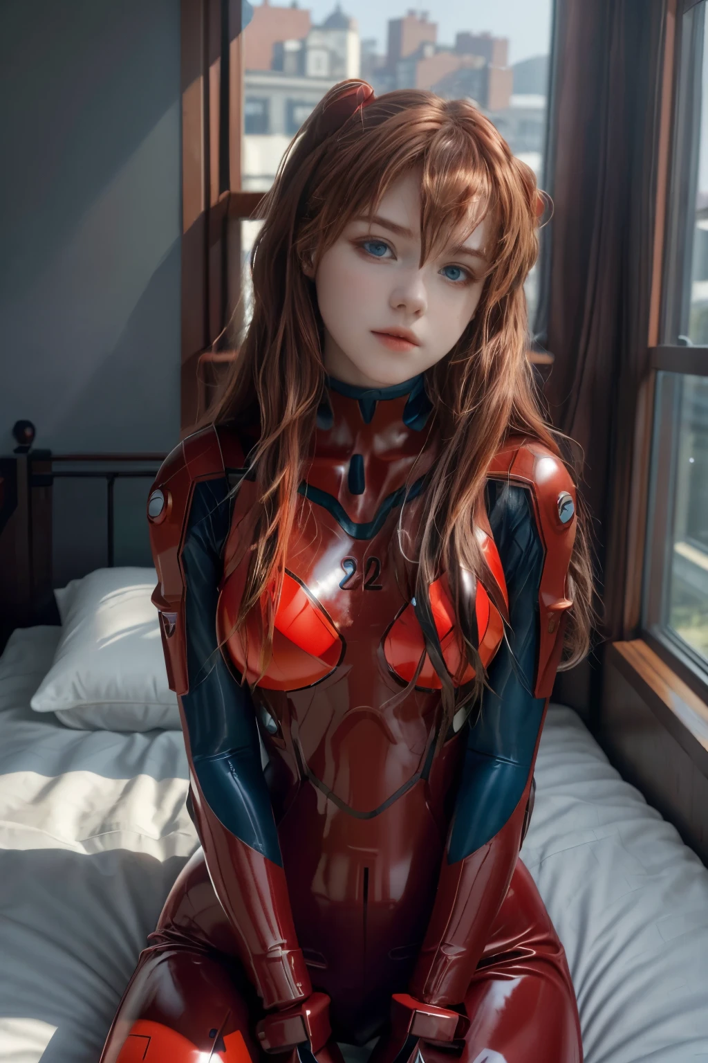 4K, 8K, (Masterpiece, best quality:1.2), blue eyes, perfect face, cosplay, professional photo, photo, photorealism, modelshoot style, portrait of shirogane, red plugsuit, feminine, bedroom, bed, sheets, window, plants, upper body, face shot