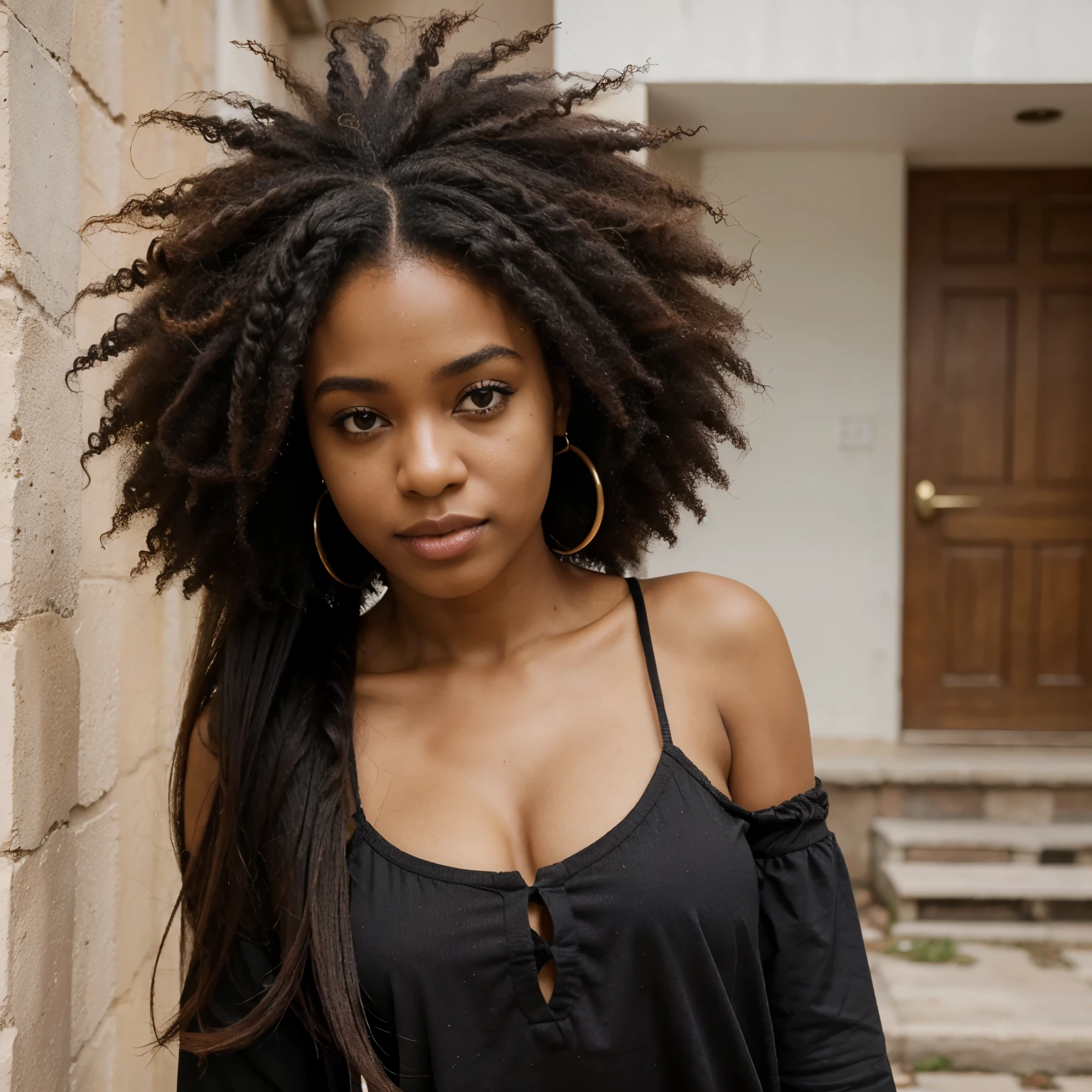 Mulher brasileira negra de cabelo afro preso usando roupas na cor marsala 
