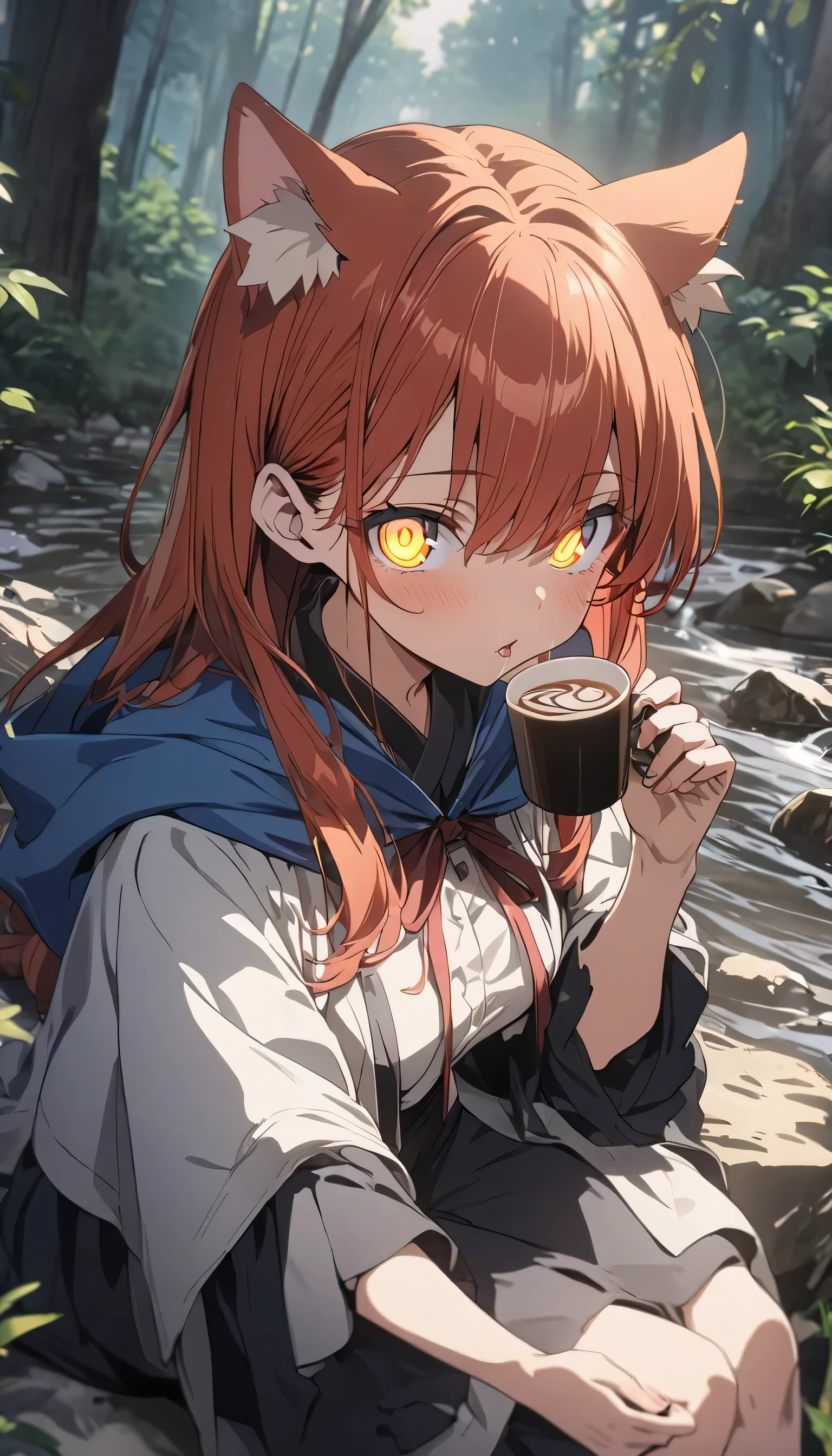 8K, (highest quality、masterpiece、High resolution、detailed), (anime:1.4), (Shining eyes、detailed beautiful face), BREAK, 1 girl, redhead, animal ears, blue hooded cape, ears are sticking out, Pause: sitting on a rock in the forest river, yellow eyes,  Drinking espresso、